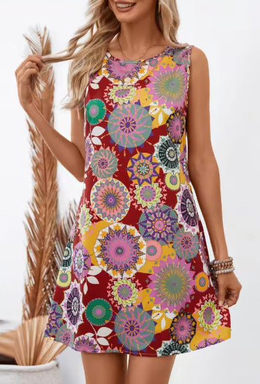 Women's Vest Dress – Relaxed Fit – Sleeveless – Mini Length – Floral Print