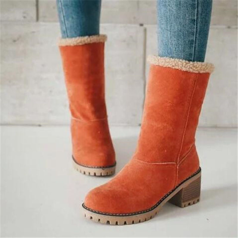 Dame Støvler - Semsket Look - Fôret Varme - Stabil Blokkhel - Sklihemmende Såle