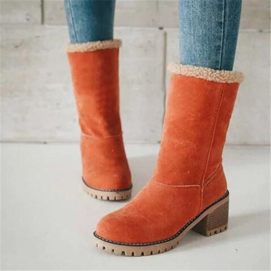 Dame Støvler - Semsket Look - Fôret Varme - Stabil Blokkhel - Sklihemmende Såle