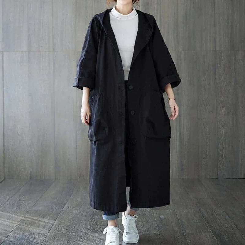 Dame Trenchcoat - Oversized Passform - Hette og Store Sidelommer - Knappelukking