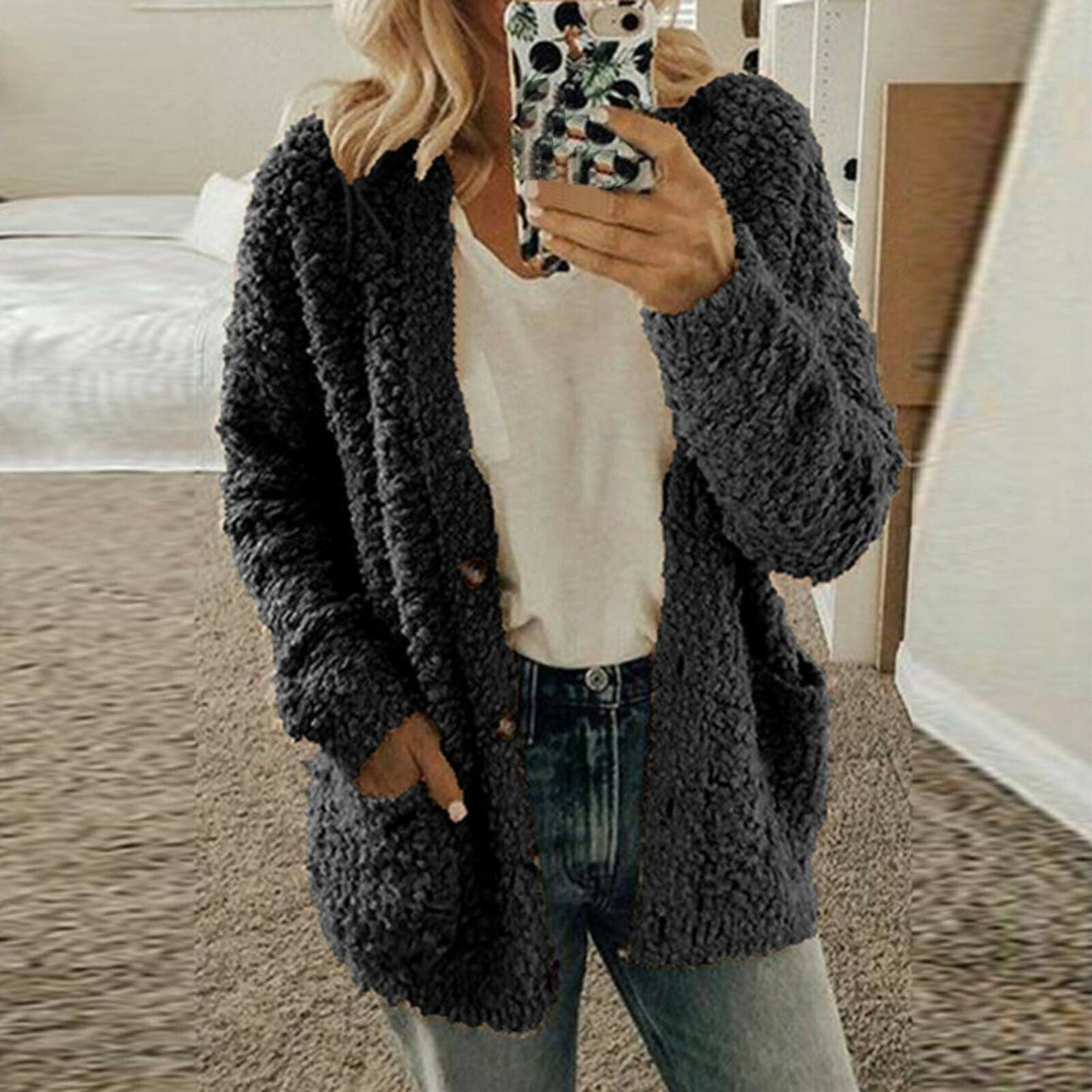 Dame Cardigan - Ull - Oversized Passform - Chunky Strikk - Åpen Front med Knapper