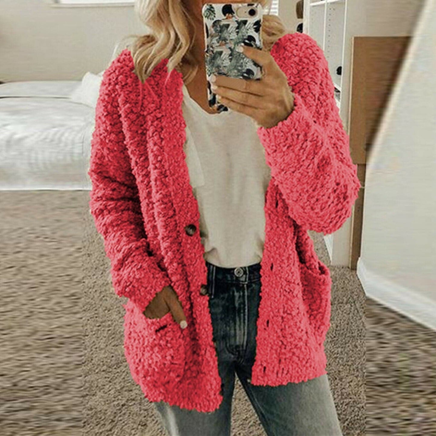 Dame Cardigan - Ull - Oversized Passform - Chunky Strikk - Åpen Front med Knapper
