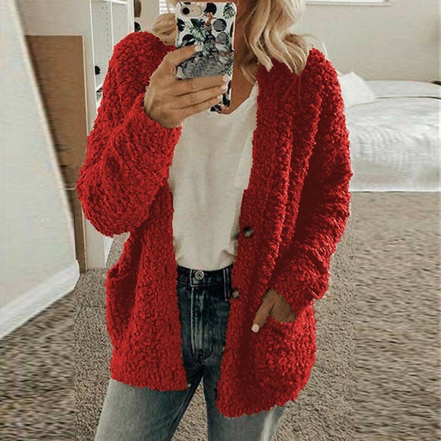 Dame Cardigan - Ull - Oversized Passform - Chunky Strikk - Åpen Front med Knapper