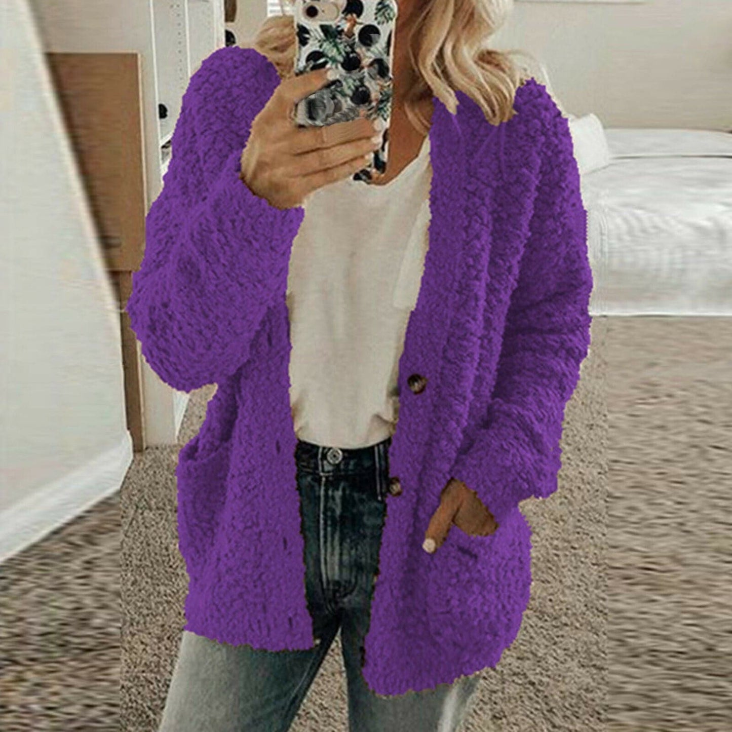 Dame Cardigan - Ull - Oversized Passform - Chunky Strikk - Åpen Front med Knapper