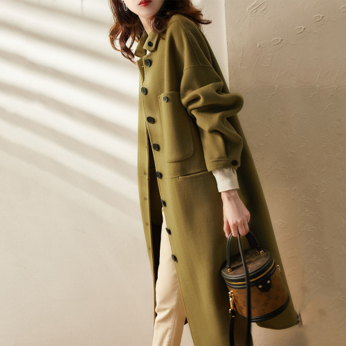Coat for Women - Long and Structured - Wool Blend - Notch Lapel Collar - Flap Pockets