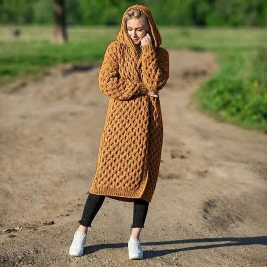 Women's Cardigan – Oversized Fit – Wool Texture – Cable Knit – Hood – Open Front