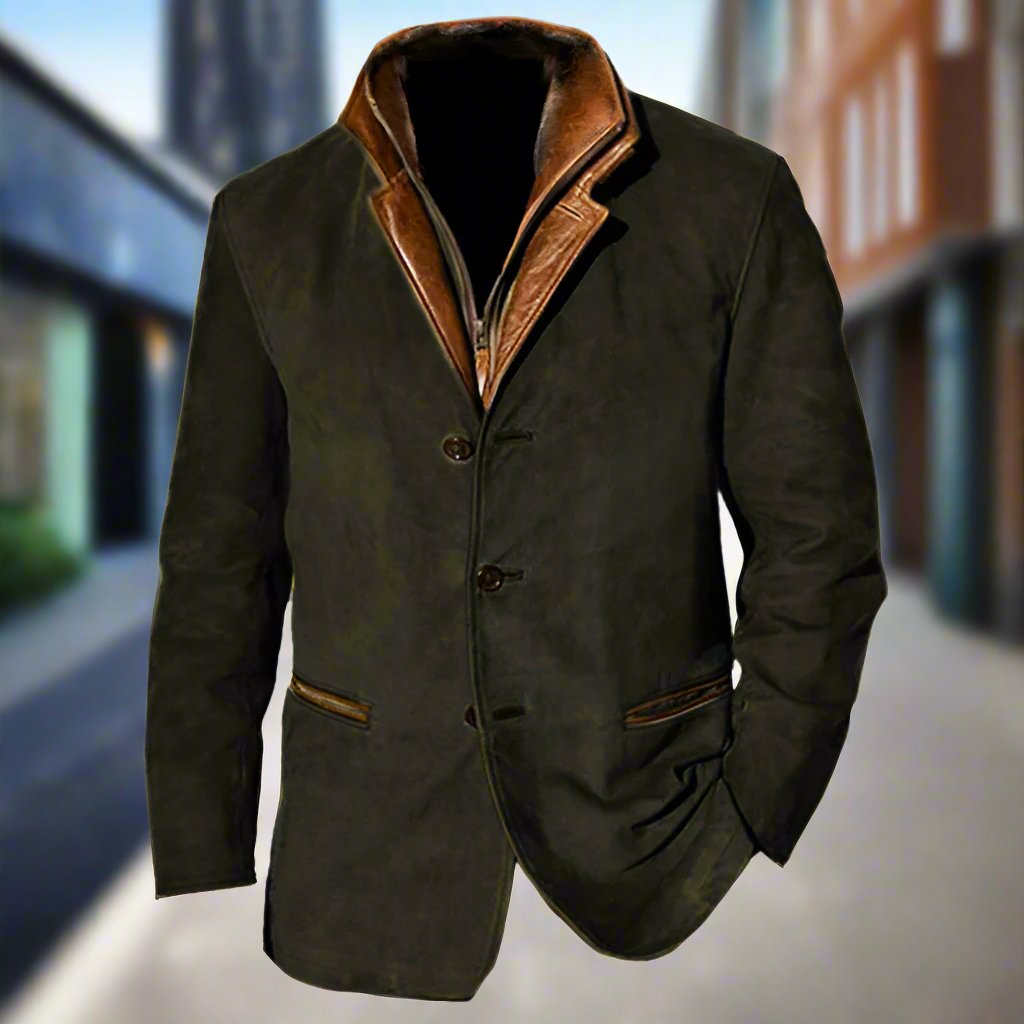 Herre Frakk - Semsket Look med Skinn Detaljer - Strukturert Passform - Knappelukking