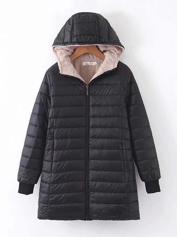 Women's Padded Jacket – Lightweight and Insulated – Mid-Thigh Length – High Collar – Zipper Closure