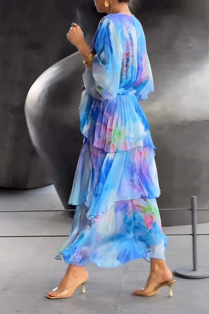 Maxikjole for dame – Chiffon – Omslagsmodell – Volangskjørt – Pufferm