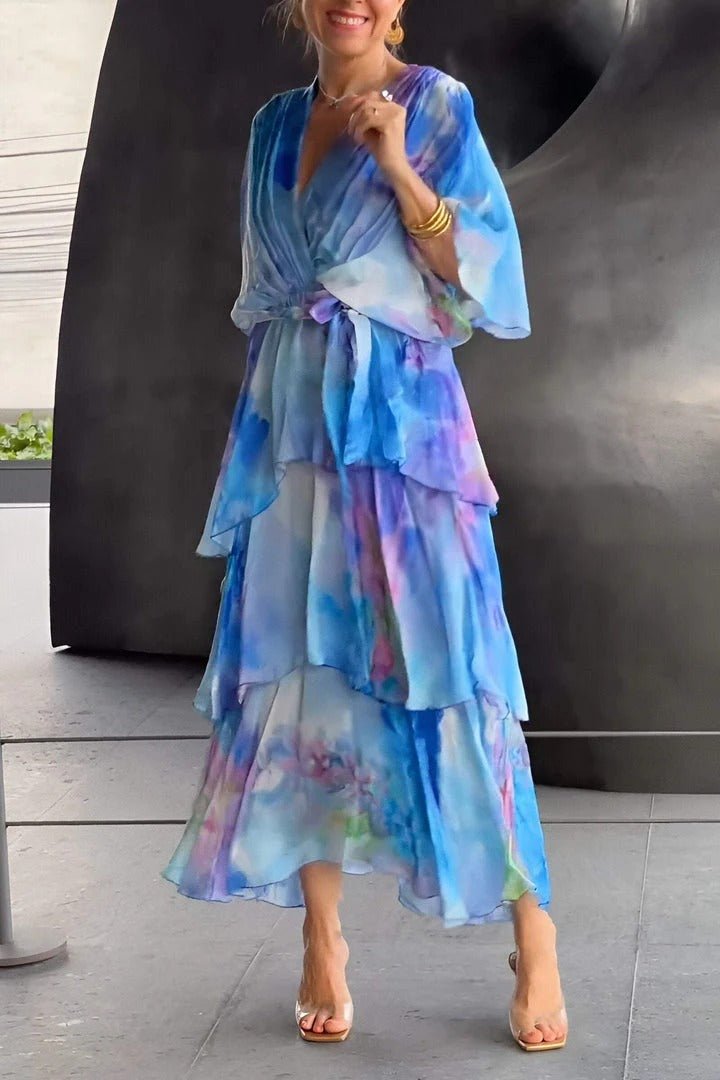 Maxikjole for dame – Chiffon – Omslagsmodell – Volangskjørt – Pufferm
