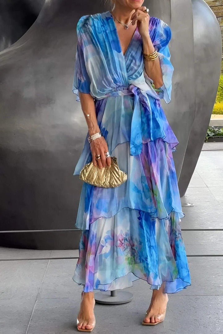 Maxikjole for dame – Chiffon – Omslagsmodell – Volangskjørt – Pufferm