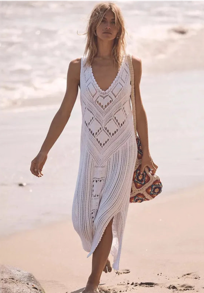 Women's Dress in Mesh – Relaxed Fit – V-Neck – Geometric Knit – Split