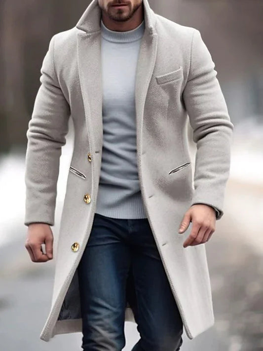 Men's Coat – Wool Blend – Tailored Fit – Knee Length – Gold-Colored Buttons