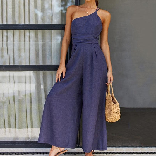 Women's Jumpsuit - One-Shoulder Design - Sleeveless - Wide Leg Fit - Elegant & Stylish