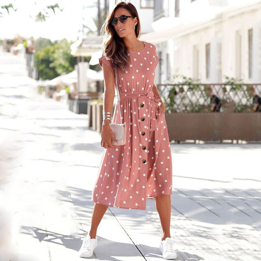 Dress for Women - Midi Length - Polka Dots - Sleeveless - Buttons and Belt - Elegant Cut