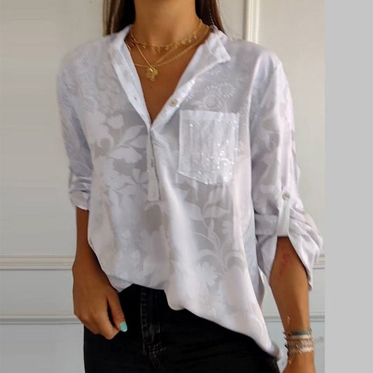 Women's Blouse with Long Sleeves – Relaxed Fit – Breathable Fabric – Jacquard Texture