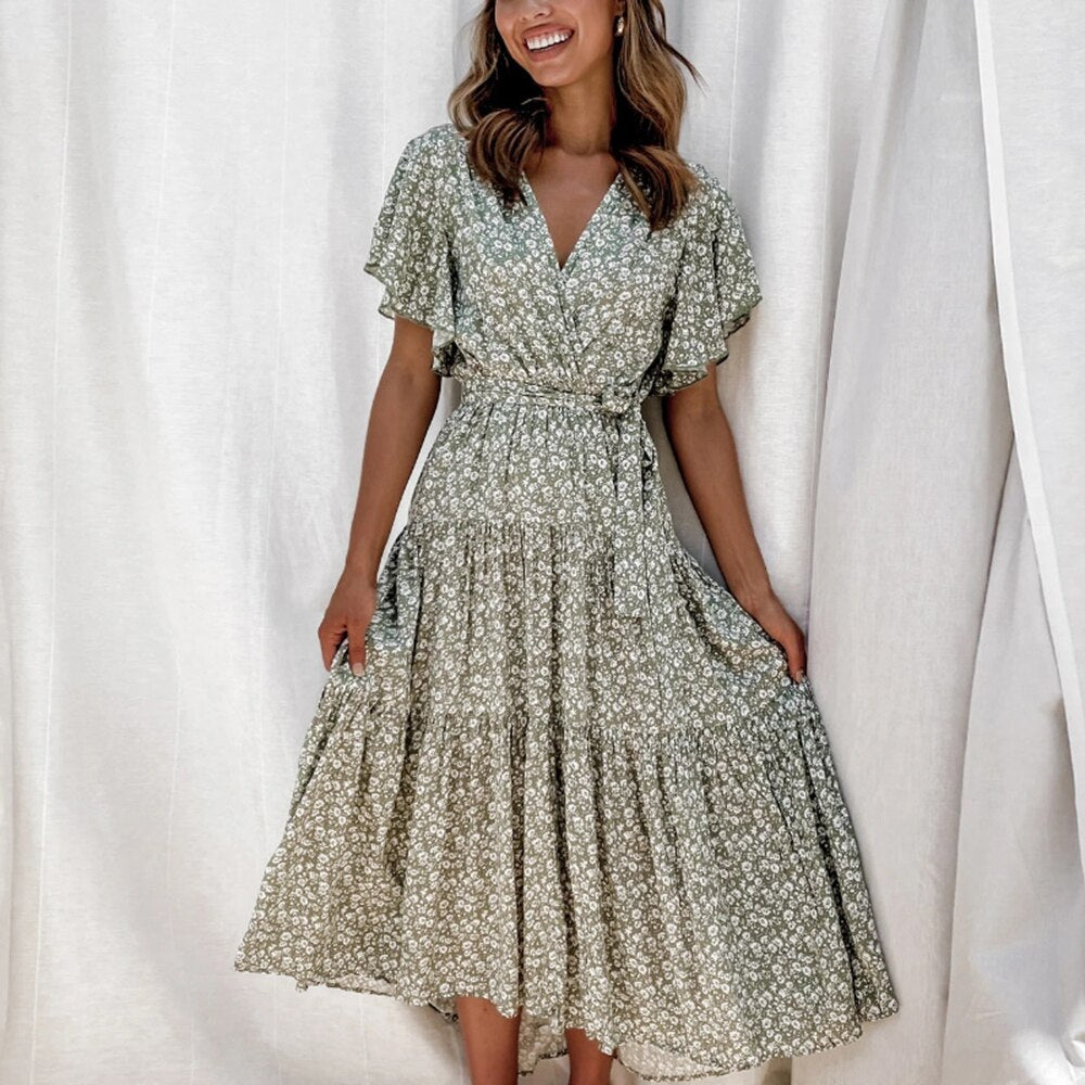 Women's Maxi Dress - Floral Print - Wrap Design with V-Neck - Short Flutter Sleeves - High Slit