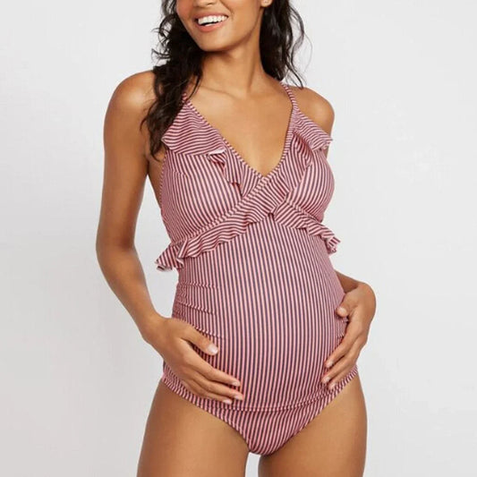 Women's Swimsuit for Pregnant – Ruffle Details – Adjustable Cross Straps – Elastic Fit