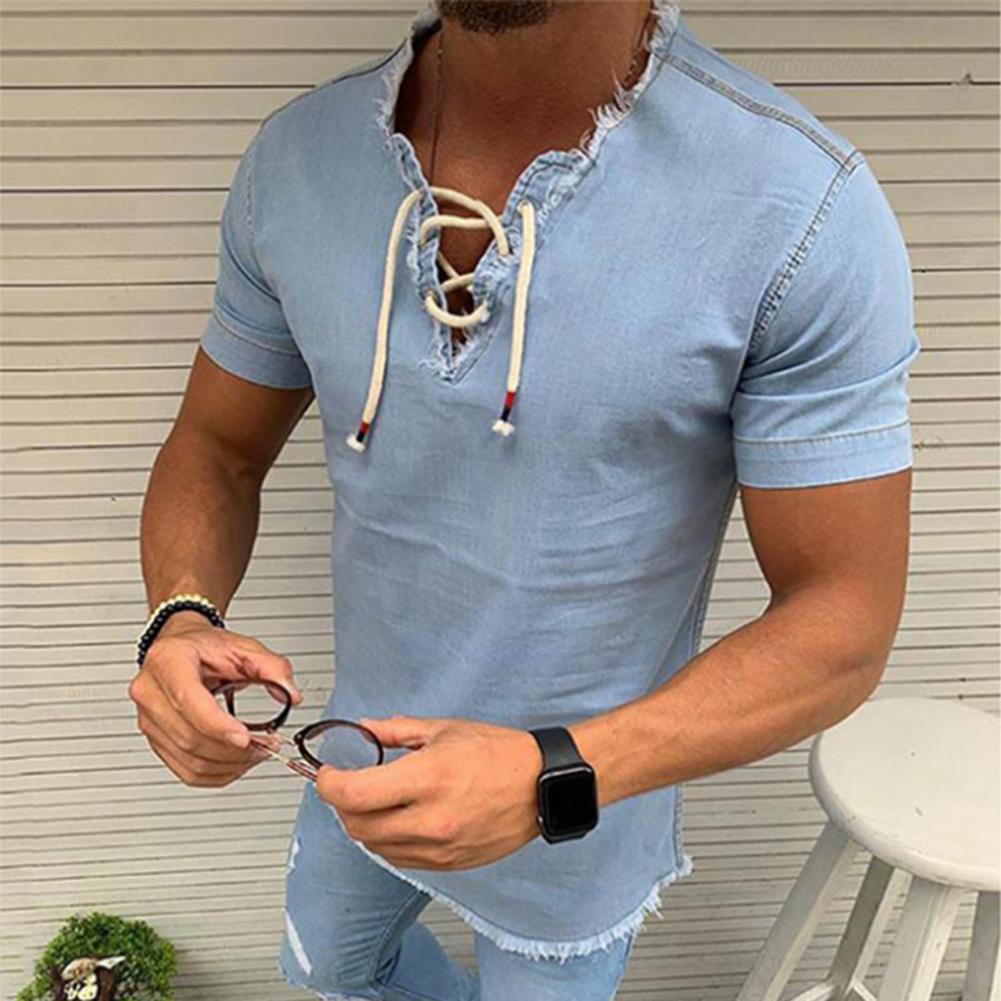 Men's T-shirt - Lace-up V-neck - Lightweight Denim - Short Sleeve Casual Fit