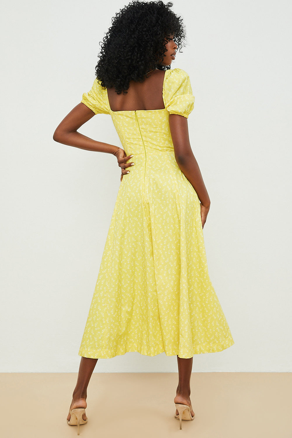 Dress woman – Midi length – Cotton blend – Puff sleeves – Ruched bodice – Slit