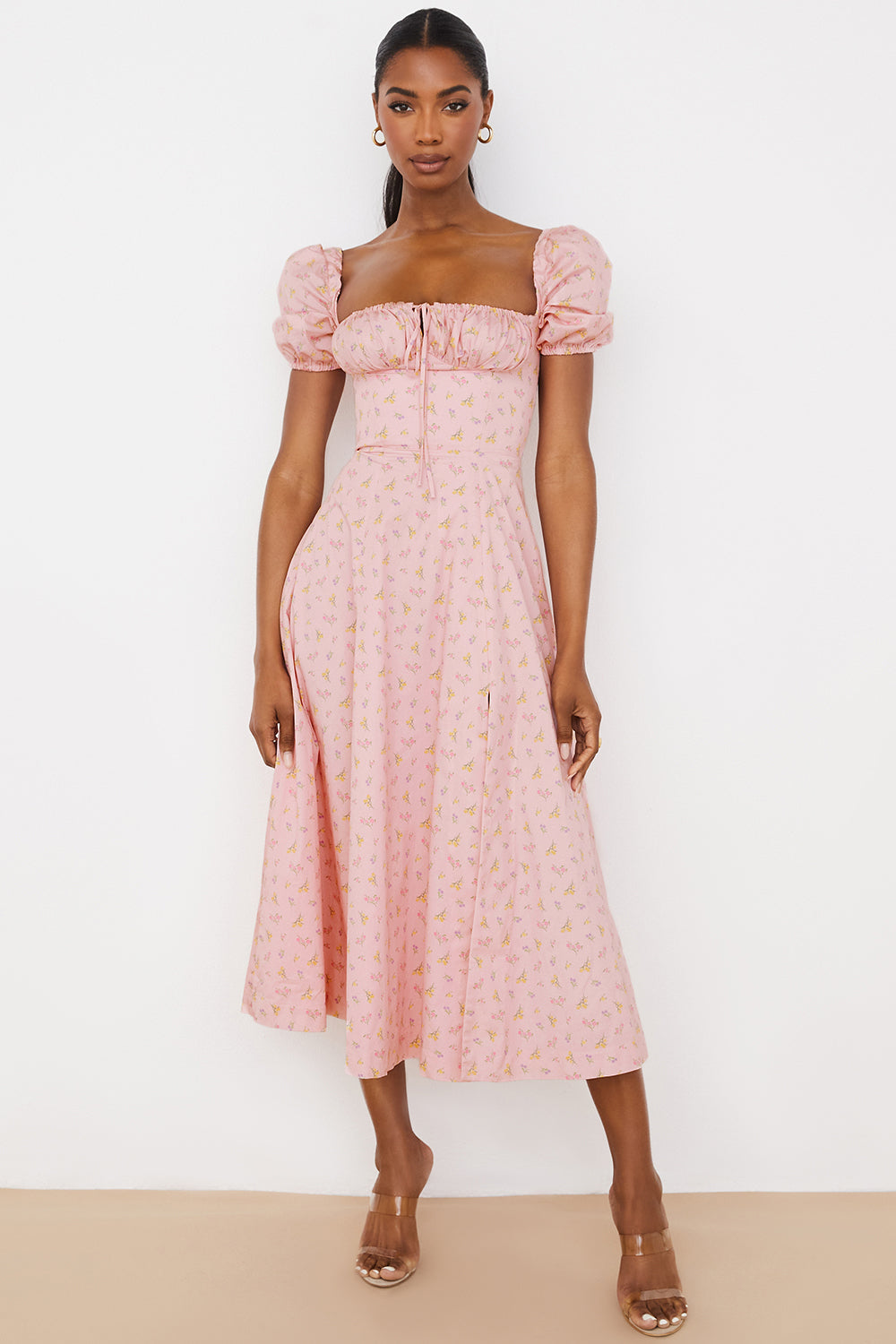 Dress woman – Midi length – Cotton blend – Puff sleeves – Ruched bodice – Slit