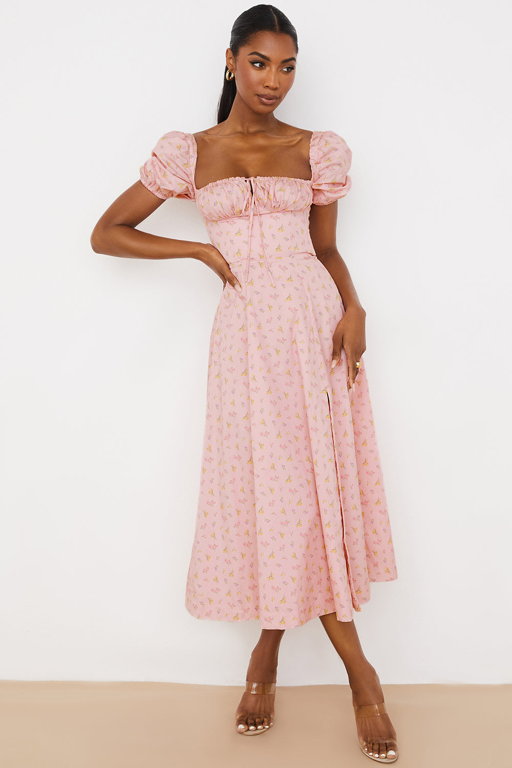 Dress woman – Midi length – Cotton blend – Puff sleeves – Ruched bodice – Slit