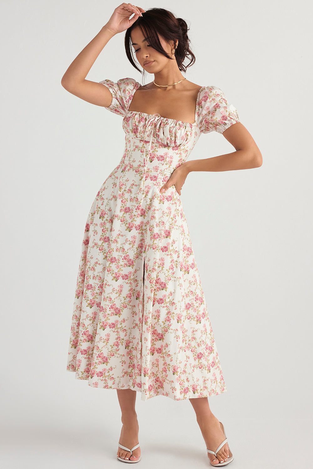 Dress woman – Midi length – Cotton blend – Puff sleeves – Ruched bodice – Slit