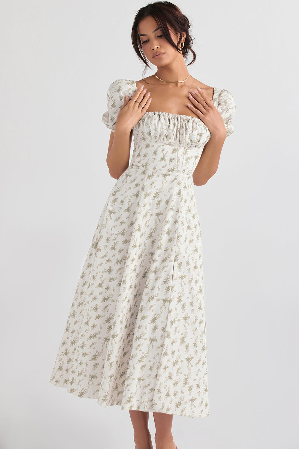 Dress woman – Midi length – Cotton blend – Puff sleeves – Ruched bodice – Slit