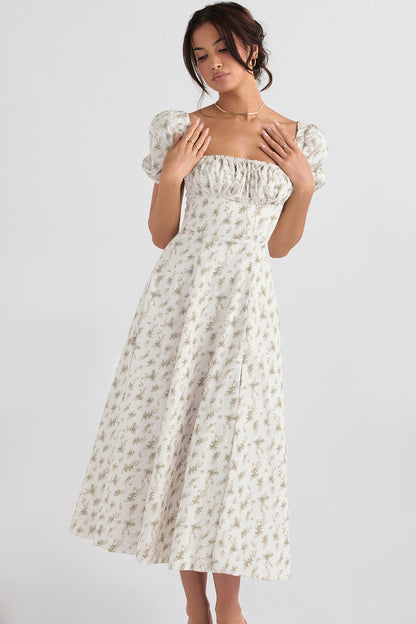Dress woman – Midi length – Cotton blend – Puff sleeves – Ruched bodice – Slit