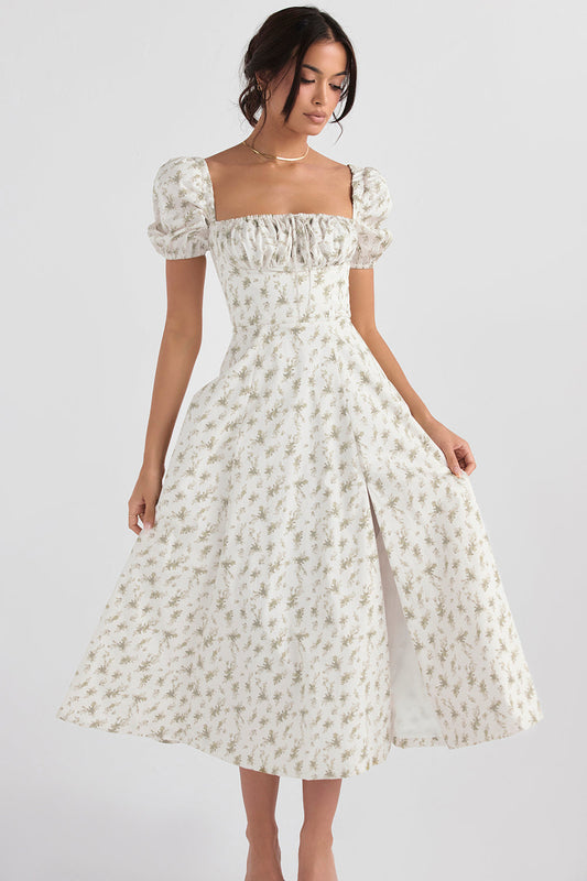 Dress woman – Midi length – Cotton blend – Puff sleeves – Ruched bodice – Slit