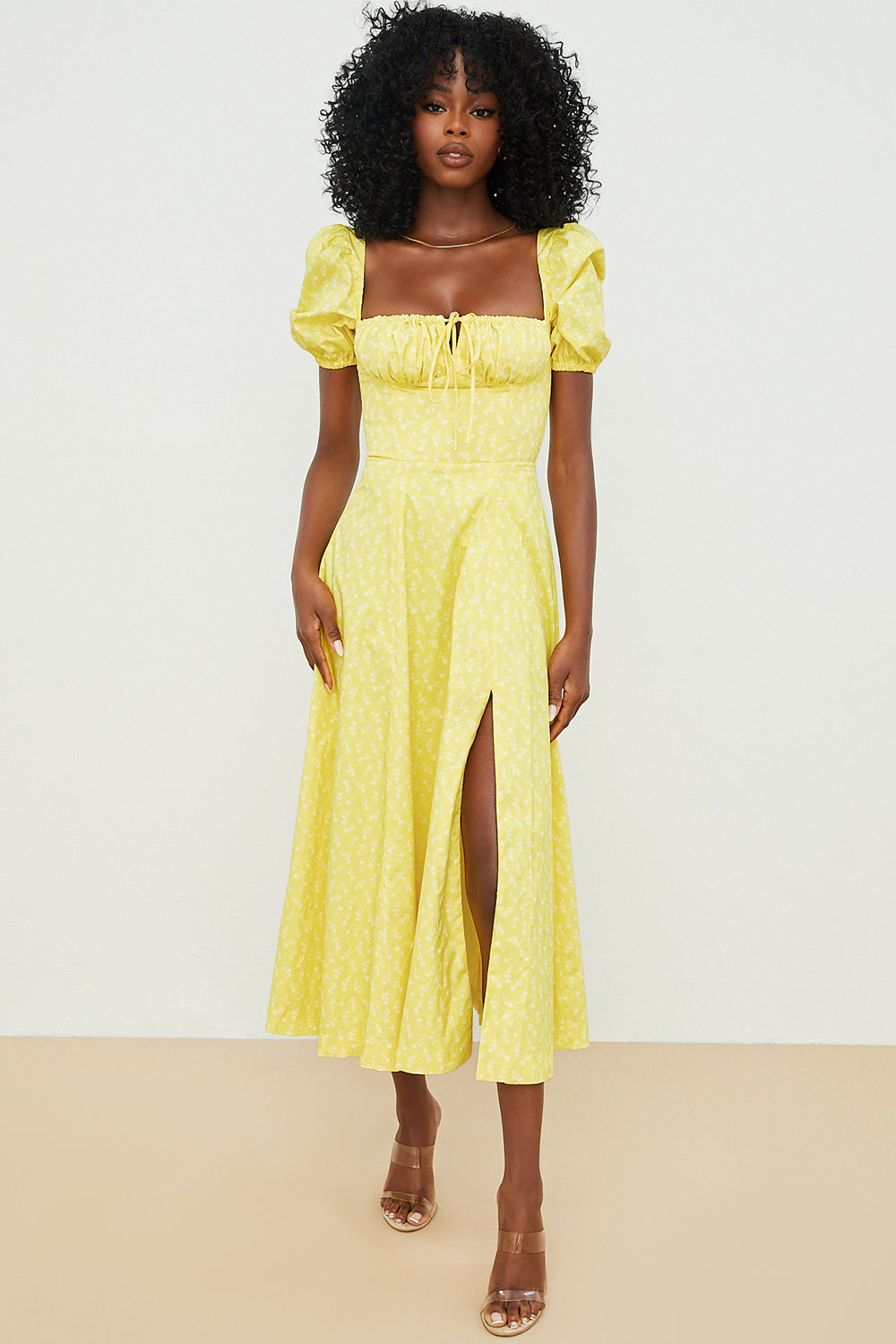 Dress woman – Midi length – Cotton blend – Puff sleeves – Ruched bodice – Slit