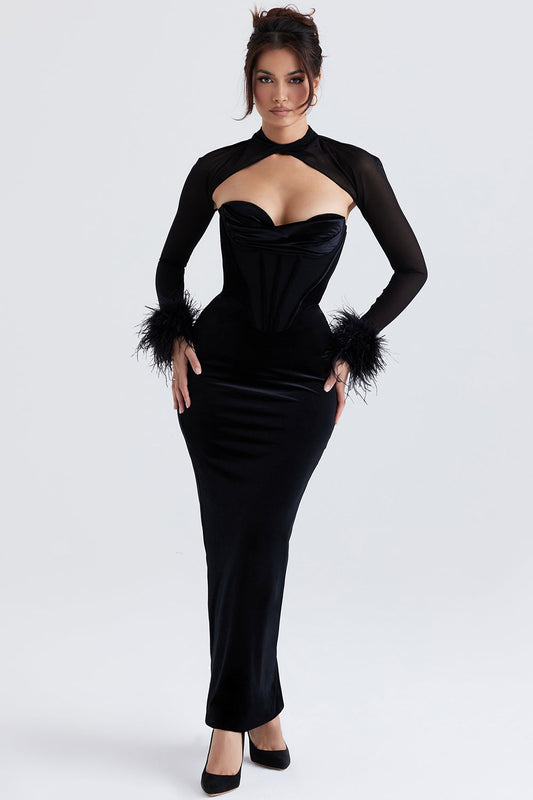 Dress woman – figure-hugging maxi dress – velvet – corset bodice – transparent sleeves – feather cuffs