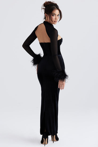 Dress woman – figure-hugging maxi dress – velvet – corset bodice – transparent sleeves – feather cuffs