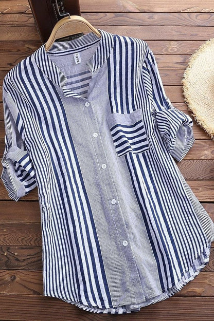 Women's Blouse – Relaxed Fit – Breathable Material – 3/4 Sleeve – Striped – Stand Collar
