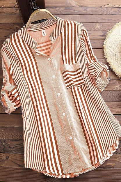 Women's Blouse – Relaxed Fit – Breathable Material – 3/4 Sleeve – Striped – Stand Collar