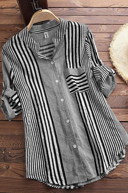Women's Blouse – Relaxed Fit – Breathable Material – 3/4 Sleeve – Striped – Stand Collar
