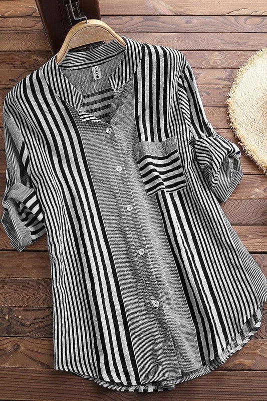 Women's Blouse – Relaxed Fit – Breathable Material – 3/4 Sleeve – Striped – Stand Collar
