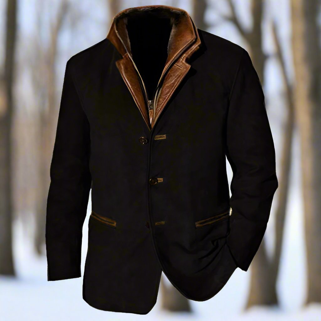 Herre Frakk - Semsket Look med Skinn Detaljer - Strukturert Passform - Knappelukking