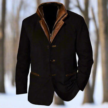 Herre Frakk - Semsket Look med Skinn Detaljer - Strukturert Passform - Knappelukking
