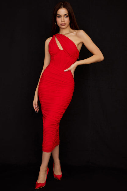 Dress for Women – Figure-Hugging Fit – Asymmetric Neckline – Corset Detail – Ruched Midi