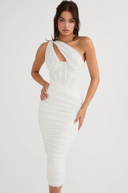 Dress for Women – Figure-Hugging Fit – Asymmetric Neckline – Corset Detail – Ruched Midi
