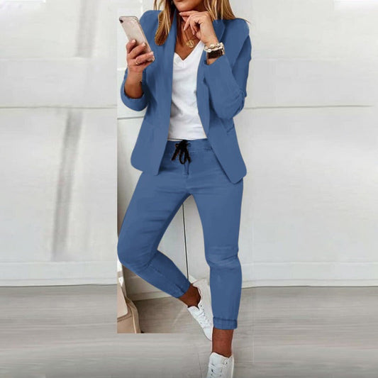 Dame Dresset - Elegant Blazer med Enkel Knepping - Joggebukse med Strikk i Midjen