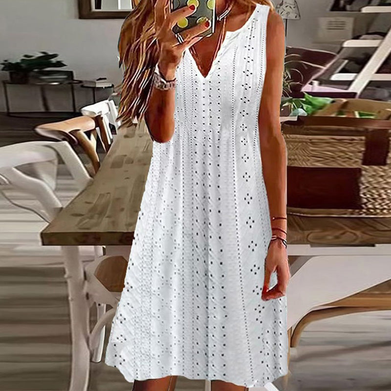 Damekjole - Ermeløs A-linje - Knelang - Elegant Blonderbroderi - V-hals Casual