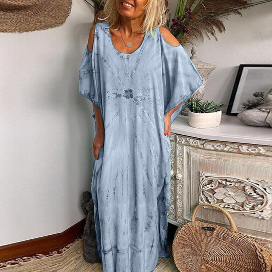 Women's Maxi Dress – Bohemian Style – Cold-Shoulder – Loose Fit – Round Neck