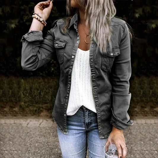 Women's Denim Jacket – Tailored Fit – Button Front – Chest Pockets – Structured Layer
