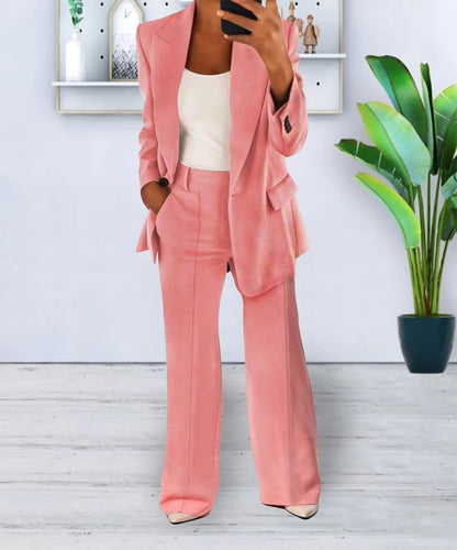 Dame Dressbukse Sett – Skreddersydd Blazer med Enkeltknapp – Høyt Liv Vide Bukser