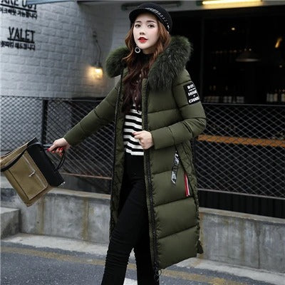 Women's Long Puffer Jacket - Padded Warm - Hood with Faux Fur - Zipper Closure