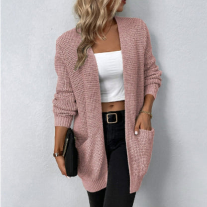 Women's Cardigan - Knitted Waffle-Knit - Open Front - With Pockets - Long-Sleeved Comfort