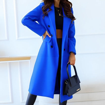 Coat for Women - Long Double-Breasted Wool Blend - Classic Cut with Lapels and Flap Pockets