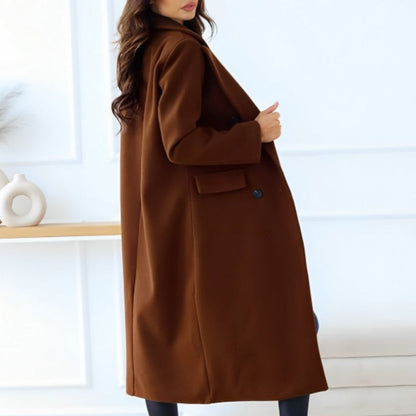 Coat for Women - Long Double-Breasted Wool Blend - Classic Cut with Lapels and Flap Pockets